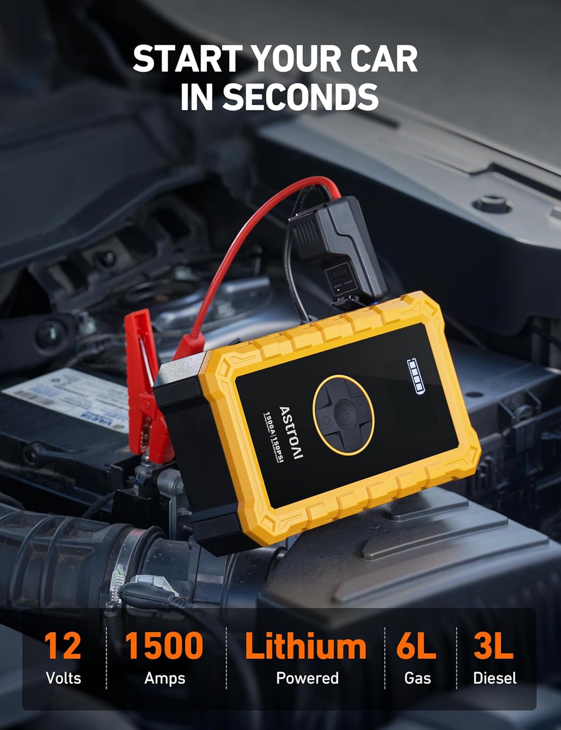 AstroAI S8 Air Jump Starter with Air Compressor, 1500A Peak Car Battery Jump Starter Portable (6.0 Gas/3.0L Diesel) with 150PSI Cordless Auto-Shutoff Tire Inflator, 12V Battery Charger Booster(Orange)