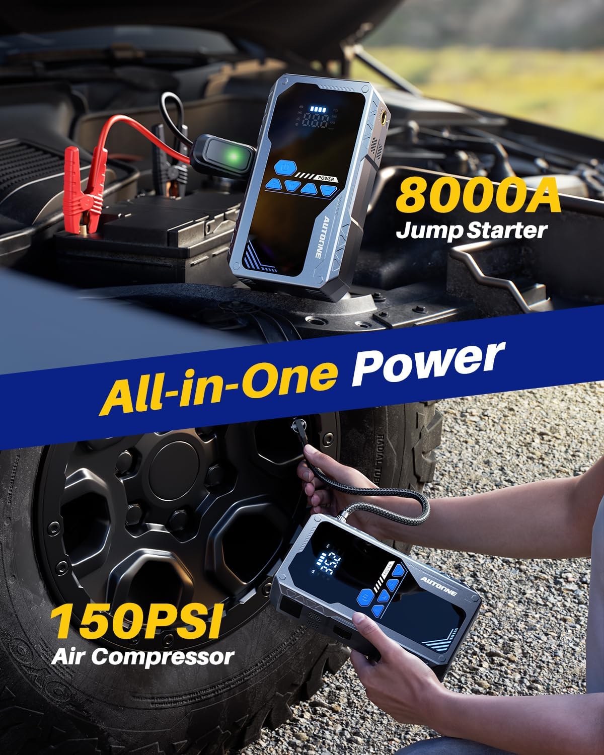 AUTOONE 6000A Car Battery Jump Starter Up to All Gas  12L Diesel Engine, Car Battery Jumper Starter Portable 12V Jump Box with USB Output, Storage Case, LED Flashlight