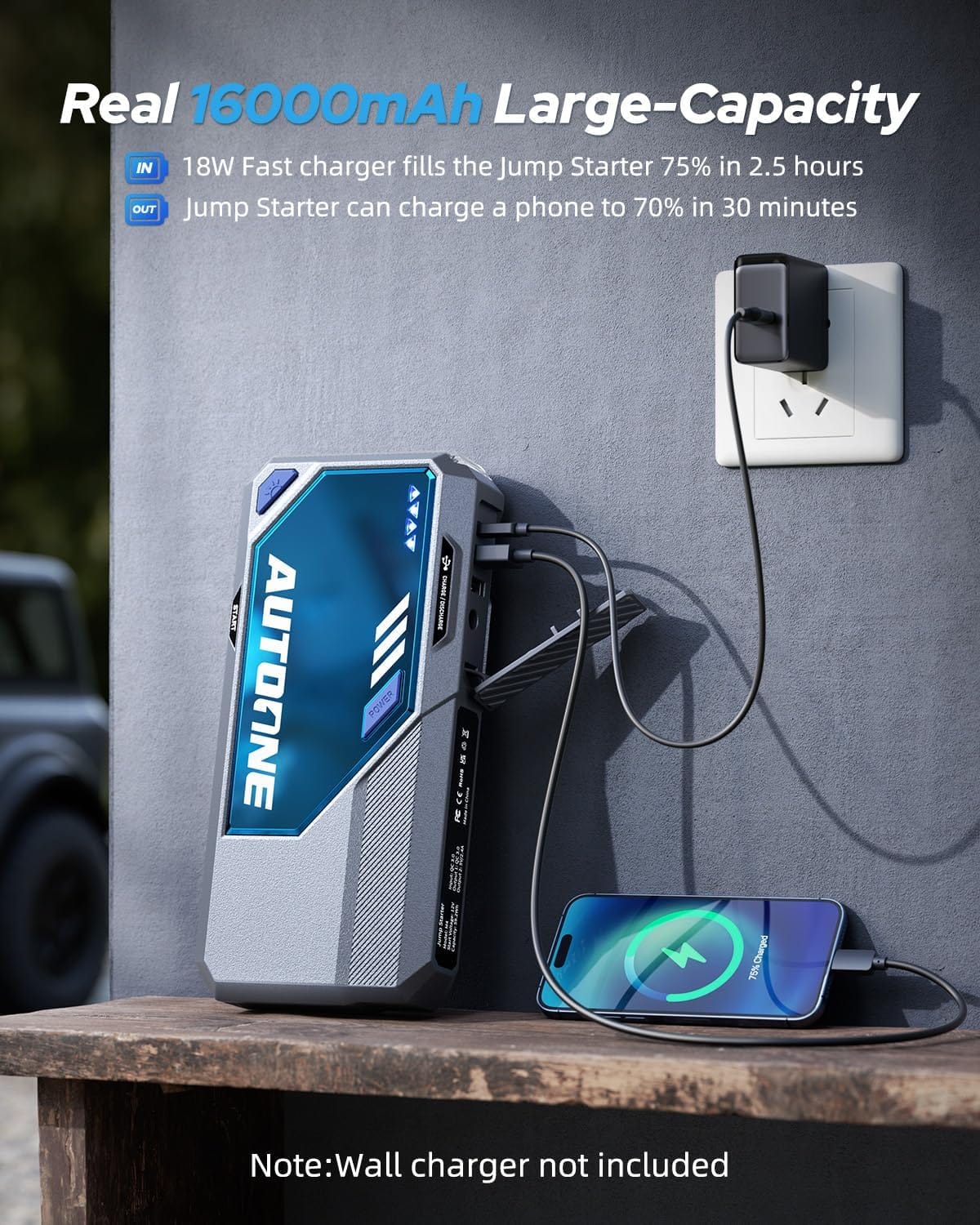 AUTOONE M4 Jump Starter 7500A Car Battery Jumper Starter Portable, 12V Jump Pack (All Gas/12L Diesel) Jump Box for Car Battery with Built-in Booster, Storage Case, LED Light, Jumper Cables