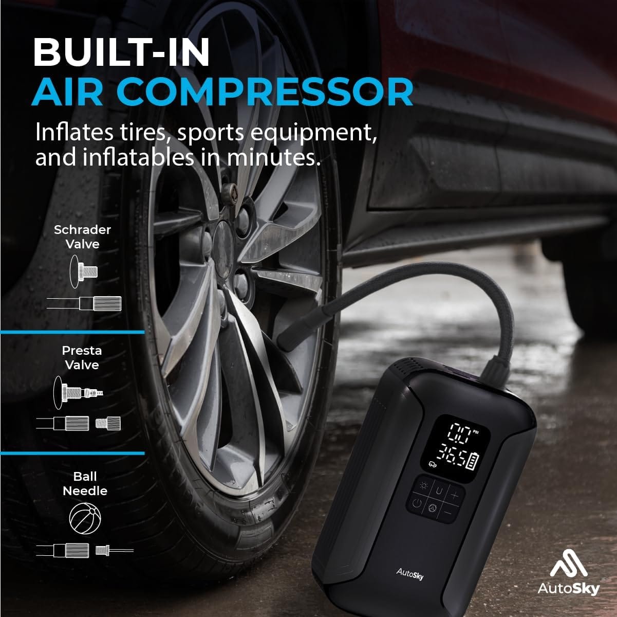 AUTOSKY 2-in-1 Jump Starter with Air Compressor – Starts Up to 6.0L Gas and 3.0L Diesel Engines – Portable Tire Inflator, LED Flashlight  Power Bank – Emergency Car Tool for SUV, Truck, Motorcycle