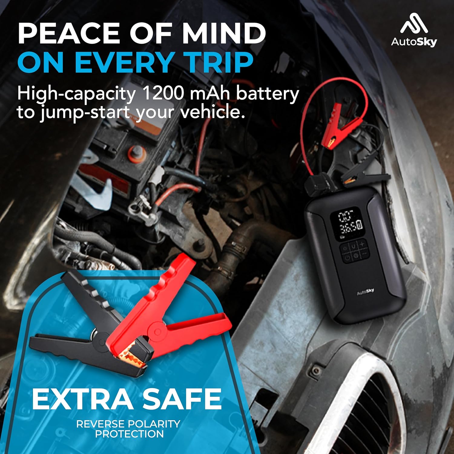 AUTOSKY 2-in-1 Jump Starter with Air Compressor – Starts Up to 6.0L Gas and 3.0L Diesel Engines – Portable Tire Inflator, LED Flashlight  Power Bank – Emergency Car Tool for SUV, Truck, Motorcycle