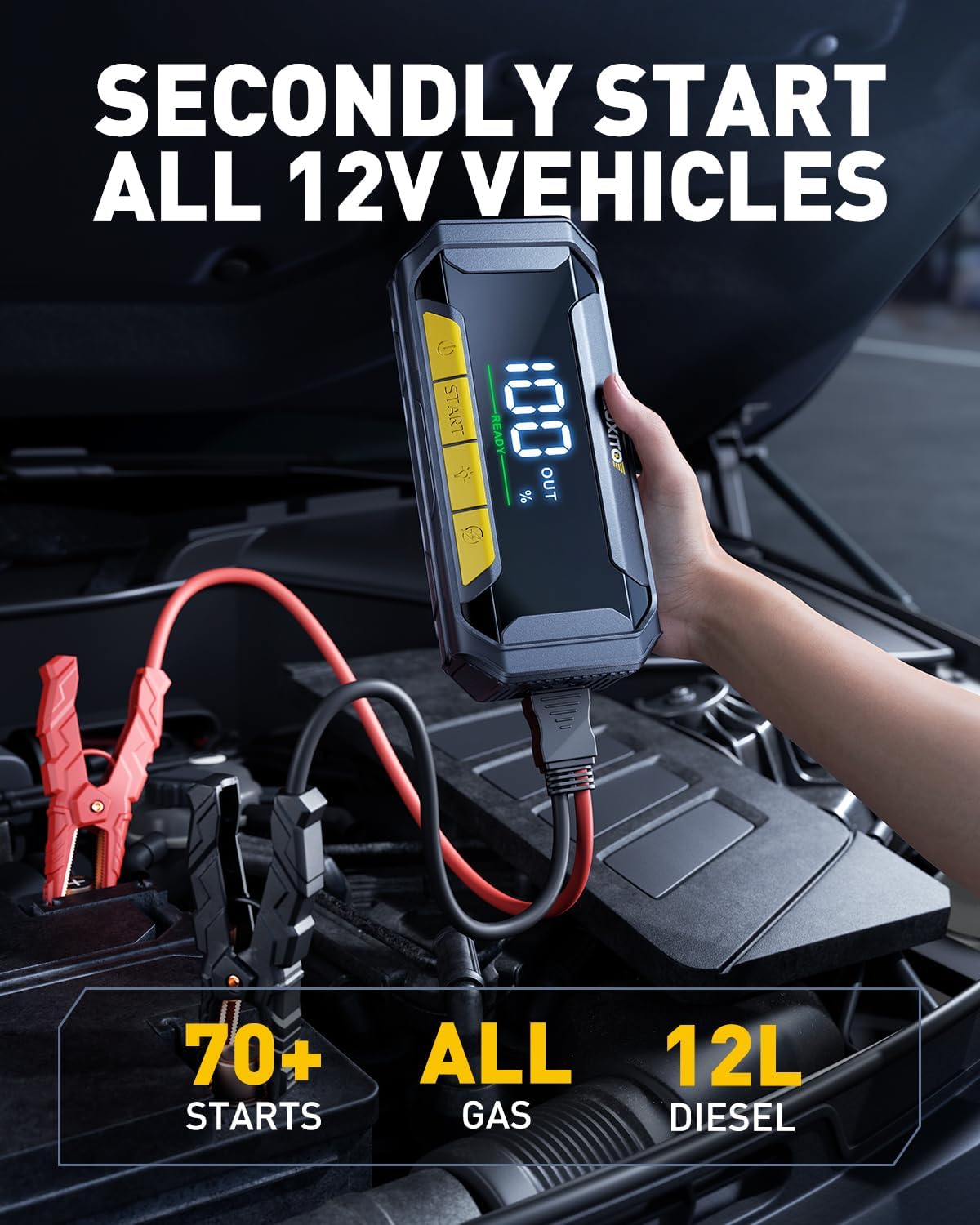 AUXITO Portable Jump Starter - 4000A Car Battery Jump Starter(8L Gas/7L Diesel) 2000LM Camping Light, 12V Jump Box with 4 Modes Working Light and 2 Hook, Portable Charger and Jump Cables