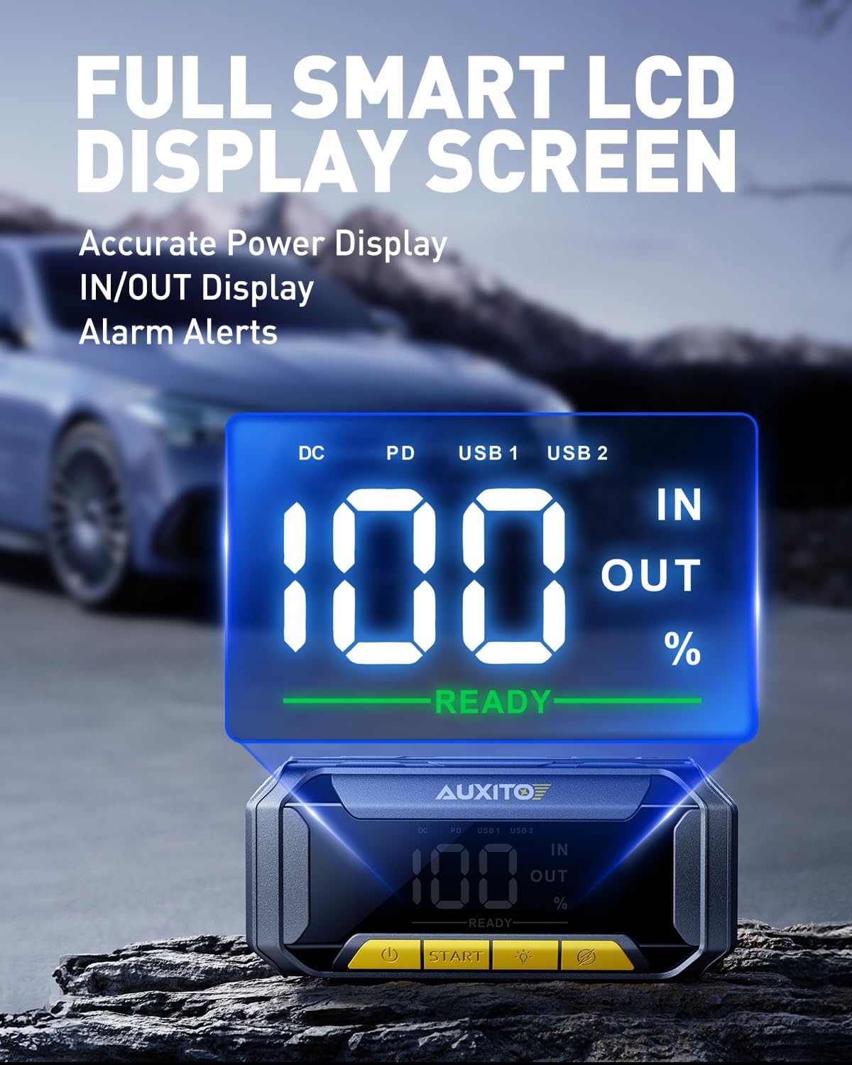 AUXITO Portable Jump Starter - 4000A Car Battery Jump Starter(8L Gas/7L Diesel) 2000LM Camping Light, 12V Jump Box with 4 Modes Working Light and 2 Hook, Portable Charger and Jump Cables