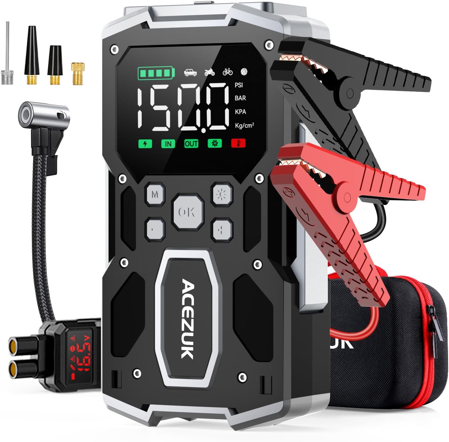 Battery Jump Starter, 8000A Jump Smart(All Gas/10.0L Diesel), Portable Car Starter Battery Pack with Extended Smart Jumper Cables, Car Jump Starter with Large Display, Quick Charge, Lights