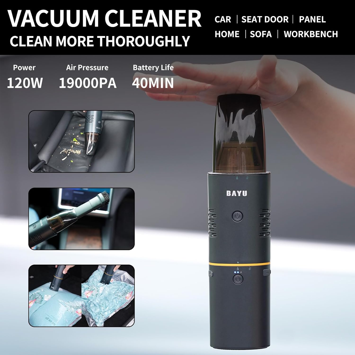 BAYU 4 in 1 Car Smart Kit, 19000PA Car Vacuum Cleaner, 200PSI Cordless Pressure Washer, 150PSI Tire Inflator Portable Air Compressor, 15000mAh Portable Charger for Car, Bike, Motor (E-Pro)