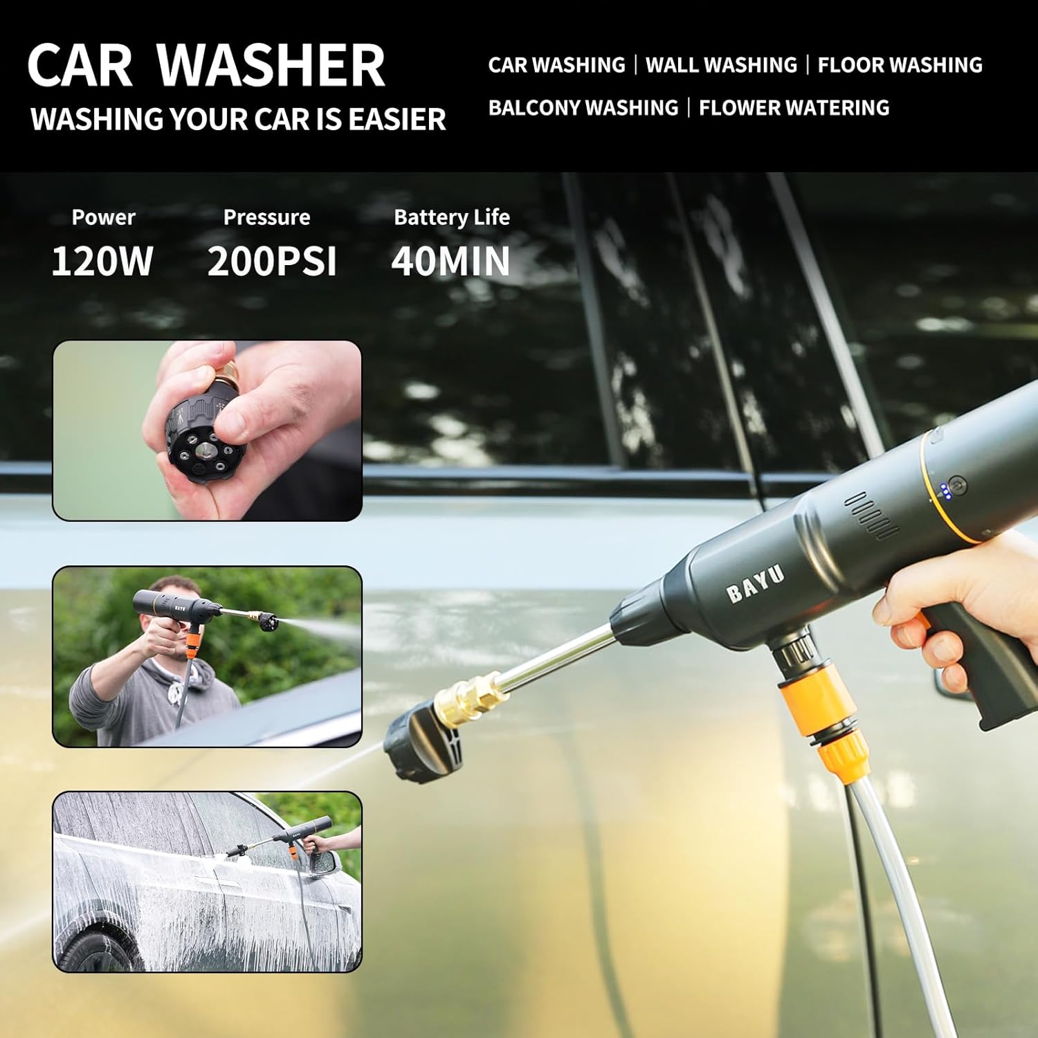 BAYU 4 in 1 Car Smart Kit, 19000PA Car Vacuum Cleaner, 200PSI Cordless Pressure Washer, 150PSI Tire Inflator Portable Air Compressor, 15000mAh Portable Charger for Car, Bike, Motor (E-Pro)
