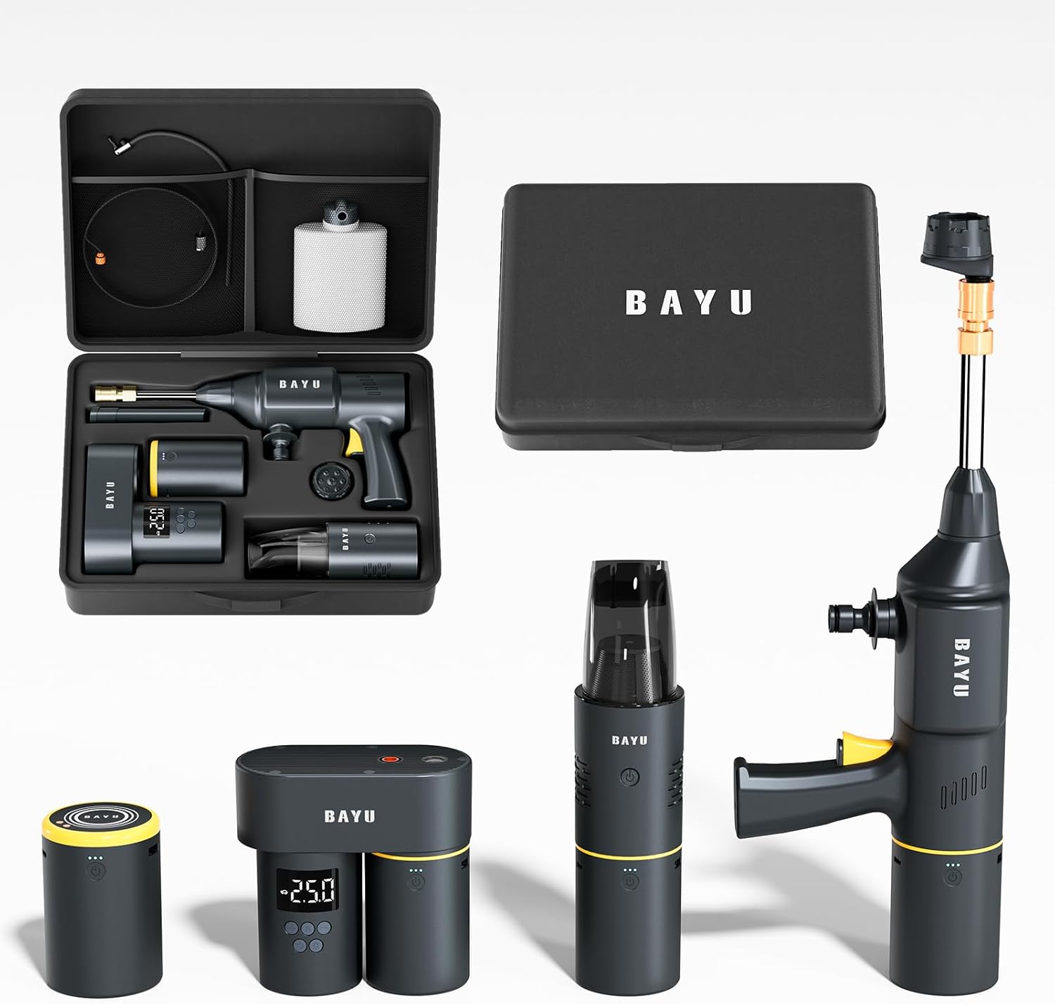 BAYU 4 in 1 Car Smart Kit, 19000PA Car Vacuum Cleaner, 200PSI Cordless Pressure Washer, 150PSI Tire Inflator Portable Air Compressor, 15000mAh Portable Charger for Car, Bike, Motor (E-Pro)
