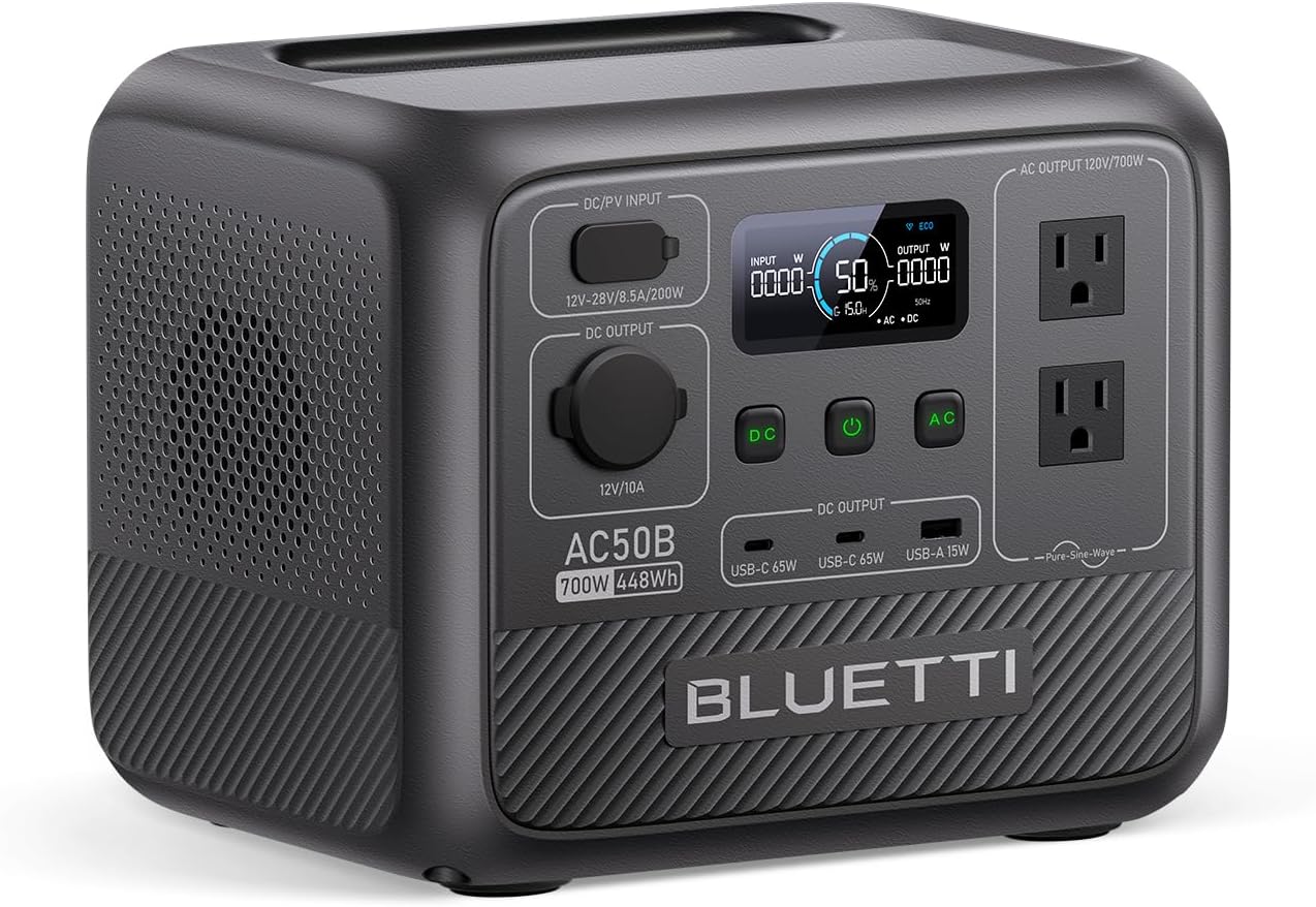 BLUETTI AC50B Solar Generator with 100W Solar Panel Included (Ships Separately), 448Wh/700W Portable Power Station, 65W USB-C PD Output, LiFePO4 Battery Backup for Travel, Camping, Outage
