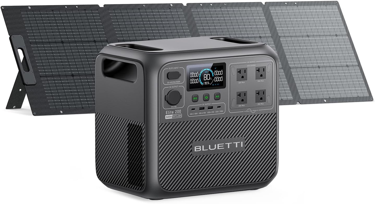 BLUETTI Elite 200 V2 Solar Generator with 200W Solar Panel Included (Ships Separately), 2073.6Wh Portable Power Station w/ 4 2600W AC Outlets, 17-Year Lifespan, LFP Power for Camping, Off-grid