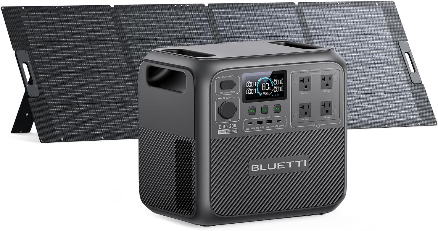 BLUETTI Elite 200 V2 Solar Generator with 200W Solar Panel Included (Ships Separately), 2073.6Wh Portable Power Station w/ 4 2600W AC Outlets, 17-Year Lifespan, LFP Power for Camping, Off-grid