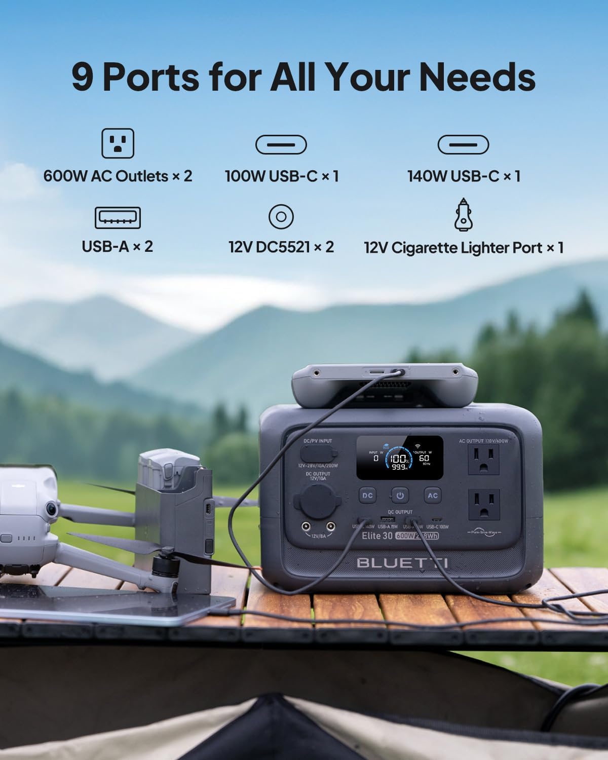 BLUETTI Elite 30 V2 Portable Power Station, 288Wh Solar Generator, 600W AC Outlets (Power Lifting 1500W), 0-100% in 70 Min, LiFePO4 Battery Backup for Camping, Road Trip, Outage (Solar Panel Optional)