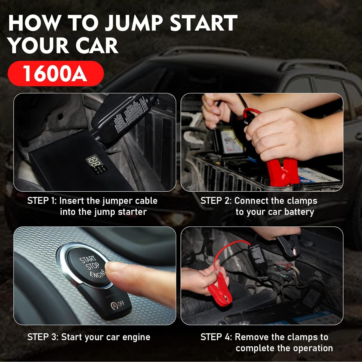 BOOKOO Car Battery Jump Starter, 3000 Amps Jumper Starter for Car 7.2 L Gas | 5.5 L Diesel Engine, Power Bank Battery Backup with USB QC 3.0 | PD 18W Fast Charging,3 Flashlight Modes for Emergency Use