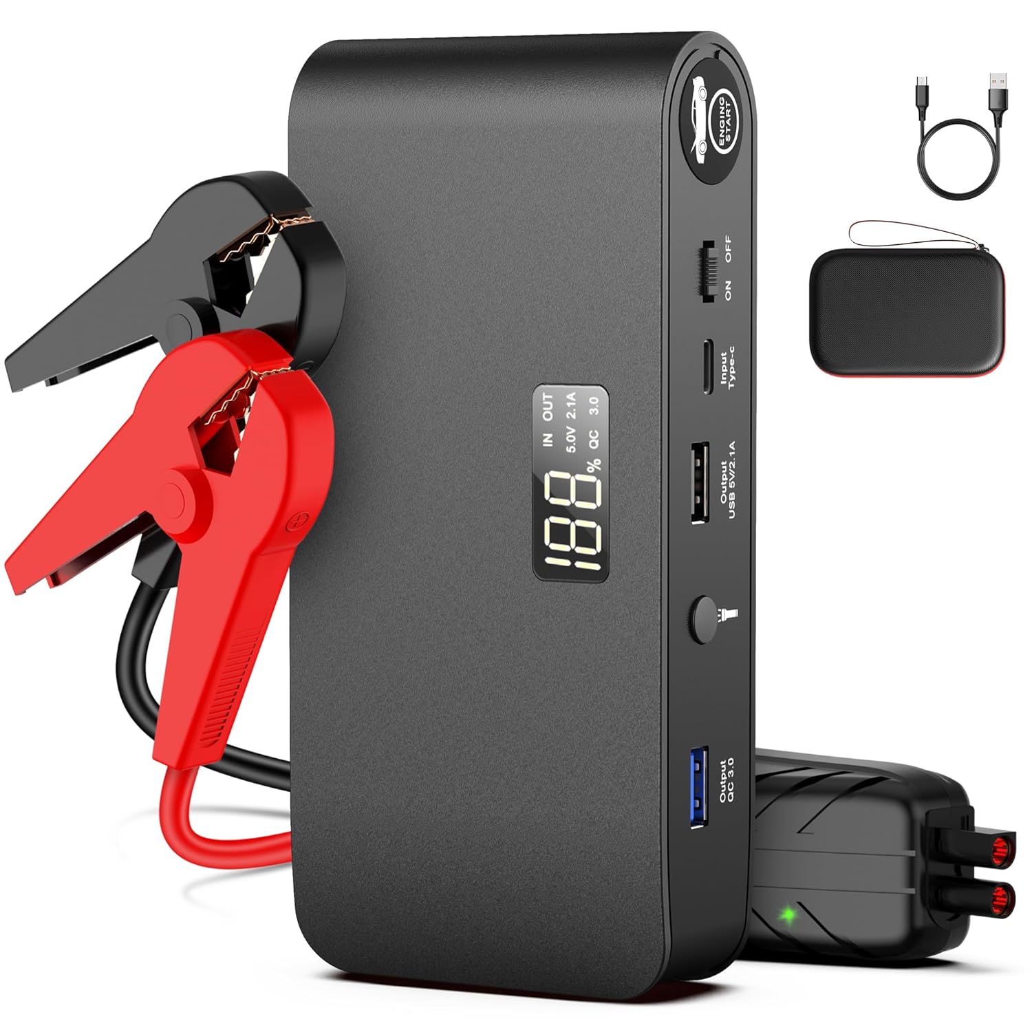BOOKOO Car Battery Jump Starter, 3000 Amps Jumper Starter for Car 7.2 L Gas | 5.5 L Diesel Engine, Power Bank Battery Backup with USB QC 3.0 | PD 18W Fast Charging,3 Flashlight Modes for Emergency Use