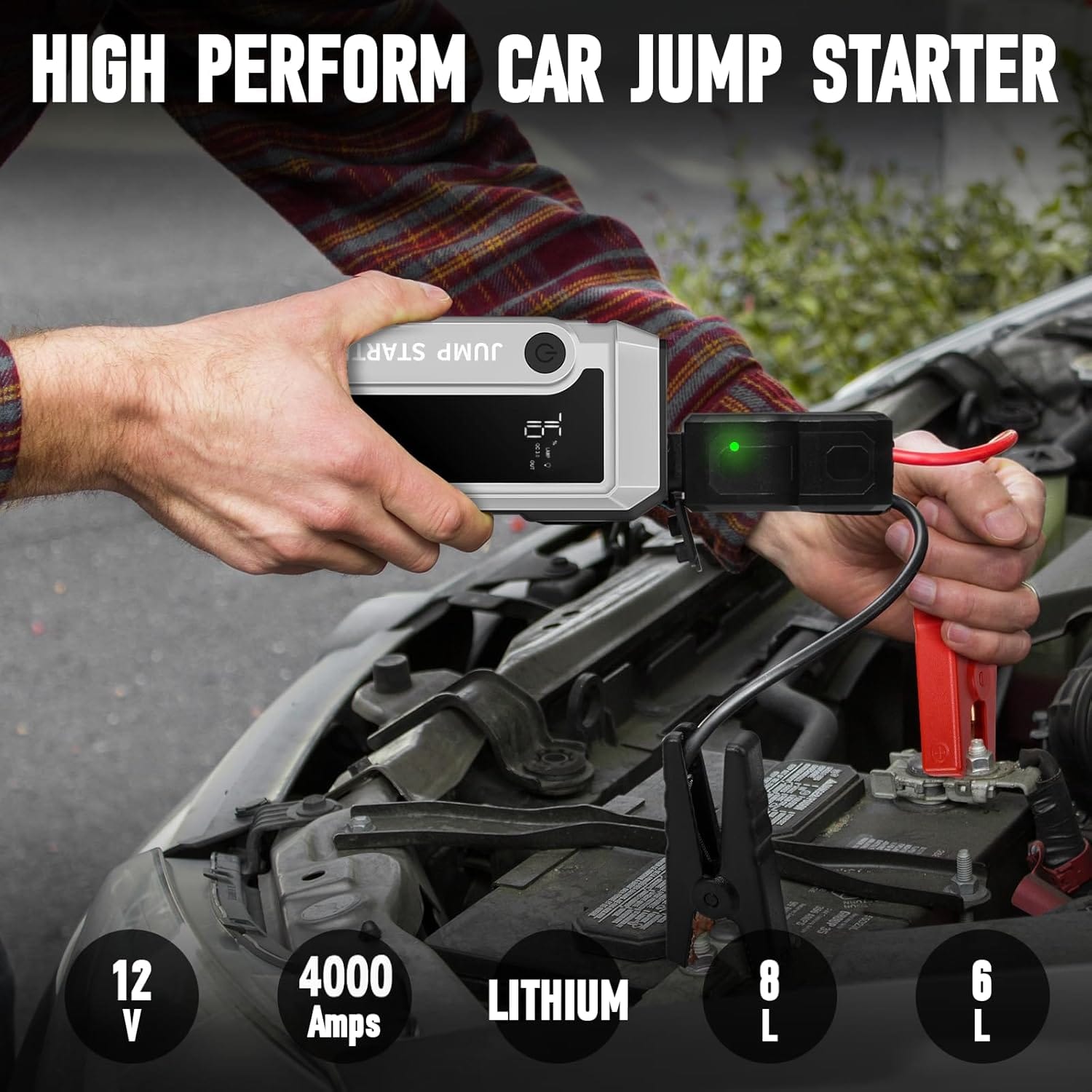 Car Battery Jump Starter 4000A Peak, Portable Battery Jumper Starter Up to 8.0L Gas  6.0L Diesel Engines, 12V Car Jumper Battery Pack Charger with Flashlight