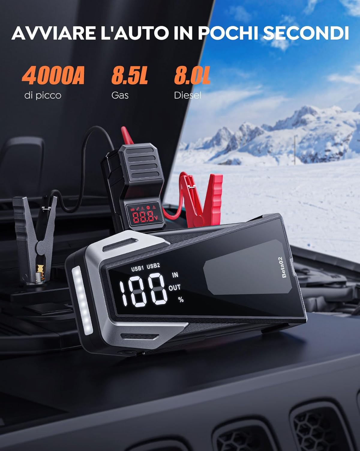 Car Battery Jump Starter 6000A Jump Box (8.5L Gas/8.0L Diesel), Jumper Starter Portable Car Jump Starter Battery Pack with Extended Smart Jumper Cables, Quick Charge, Large Display, Lights