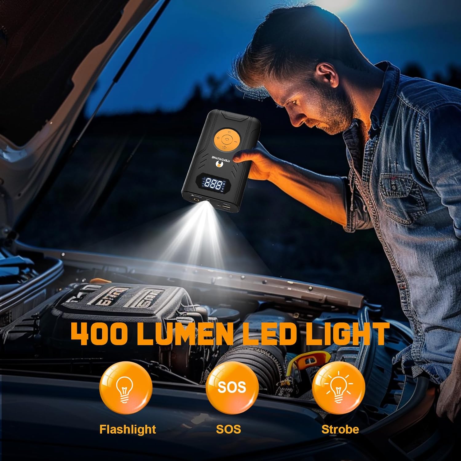 Car Battery Jump Starter with Air Compressor, 3000A/120PSI Car Battery Jumper Starter with Digital Tire Inflator (10.0 Gas/8.0L Diesel), 12V Jump Box with Large LCD Display, Lights