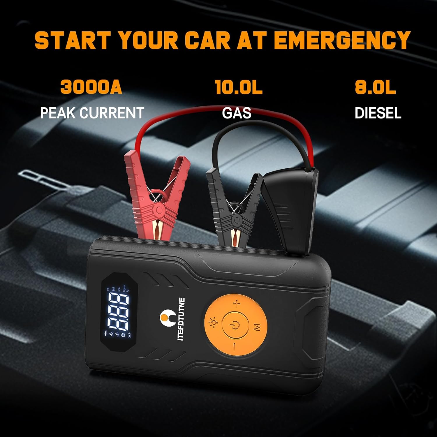 Car Battery Jump Starter with Air Compressor, 3000A/120PSI Car Battery Jumper Starter with Digital Tire Inflator (10.0 Gas/8.0L Diesel), 12V Jump Box with Large LCD Display, Lights