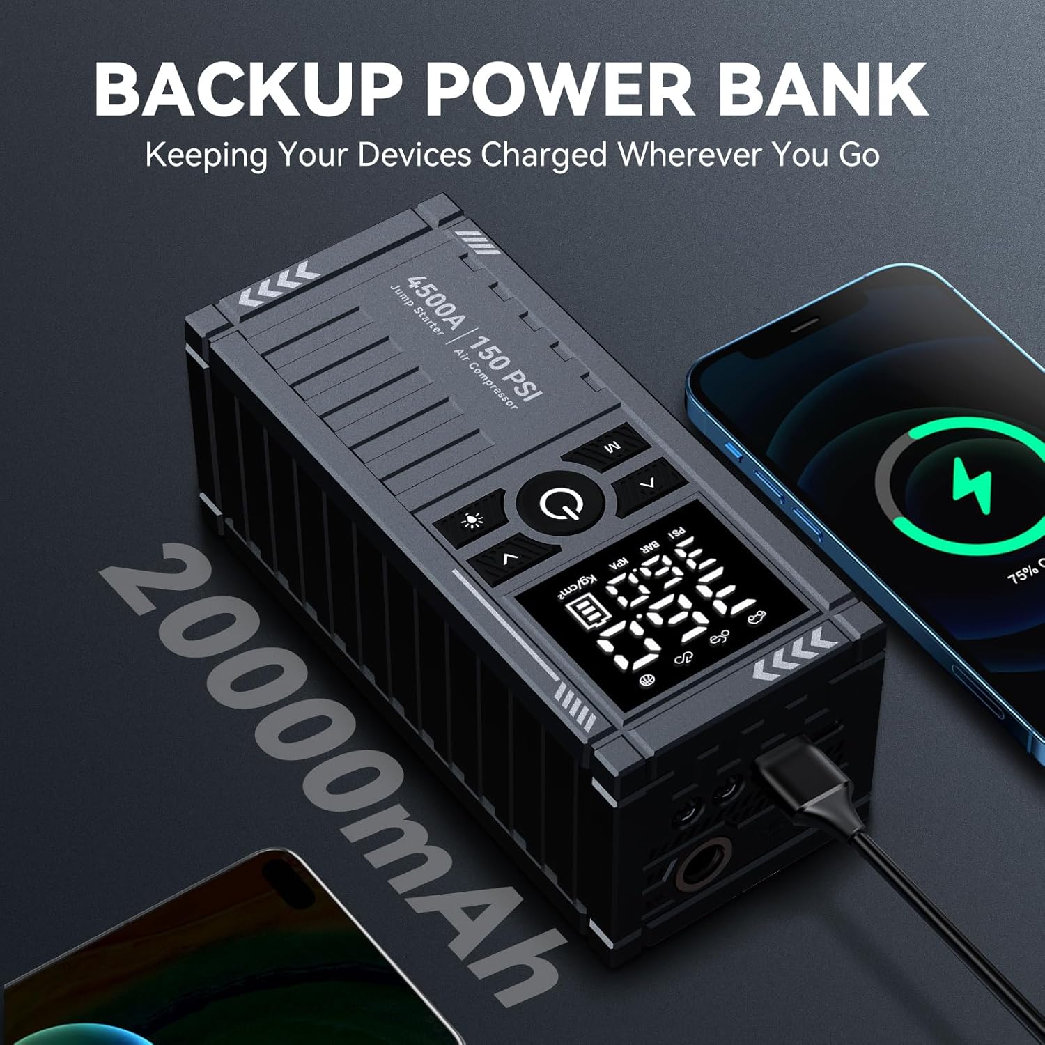 Car Battery Jump Starter with Air Compressor - 4500A 150PSI Portable Car Jump Starters (All Gas/9L Diesel) with Tire Inflator, 12V Car Battery Jump Box with Jumper Cables, LCD Display, LED Light Car Battery Jump Starter with Air Compressor - 4500A 150PSI Portable Car Jump Starters (All Gas/9L Diesel) with Tire Inflator, 12V Car Battery Jump Box with Jumper Cables, LCD Display, LED Light