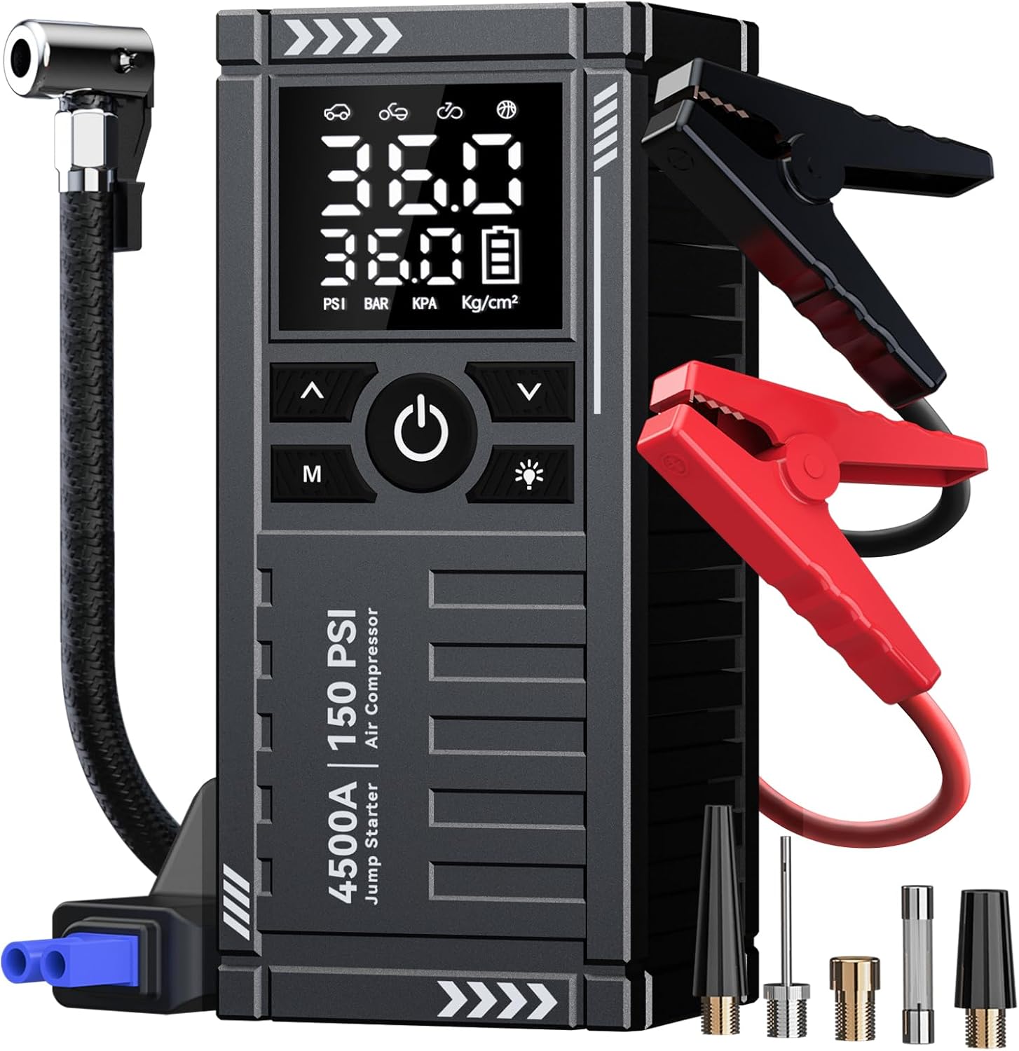 Car Battery Jump Starter with Air Compressor - 4500A 150PSI Portable Car Jump Starters (All Gas/9L Diesel) with Tire Inflator, 12V Car Battery Jump Box with Jumper Cables, LCD Display, LED Light Car Battery Jump Starter with Air Compressor - 4500A 150PSI Portable Car Jump Starters (All Gas/9L Diesel) with Tire Inflator, 12V Car Battery Jump Box with Jumper Cables, LCD Display, LED Light