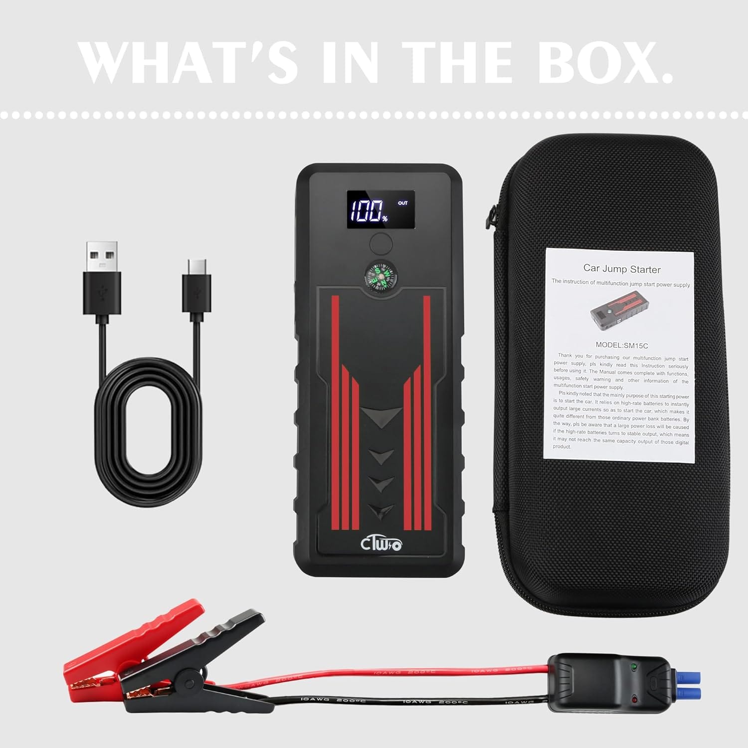Car Jump Starter 1000A, CTWJO Portable Jump Starter Battery Pack for Up to 7.2L Gas and 5.5L Diesel Engines, 12V Jump Box with USB-C Smart Port, Compass, LCD Screen, LED Light, Travel Case