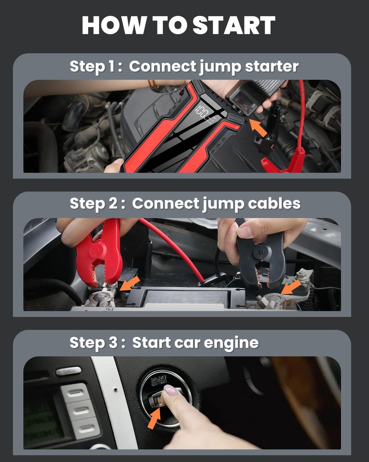 Car Jump Starter 3000A, Car Battery Jump Starter for Up to 10.0L Gas  10.0L Diesel Engine, 12V Jump Box Portable Jump Starter Battery Pack with LED Light, Jumper Cables