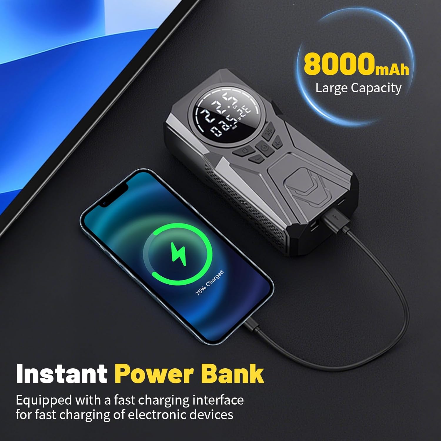 Car Jump Starter with Air Compressor, 3000A Car Emergency Starting Power Supply, 150PSI Tire Inflator Portable Compressor, Portable Tire Inflator for Cars, Pickup Trucks, Bicycles, etc.