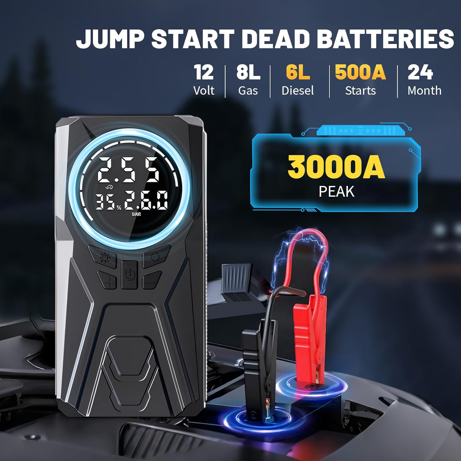 Car Jump Starter with Air Compressor, 3000A Car Emergency Starting Power Supply, 150PSI Tire Inflator Portable Compressor, Portable Tire Inflator for Cars, Pickup Trucks, Bicycles, etc.