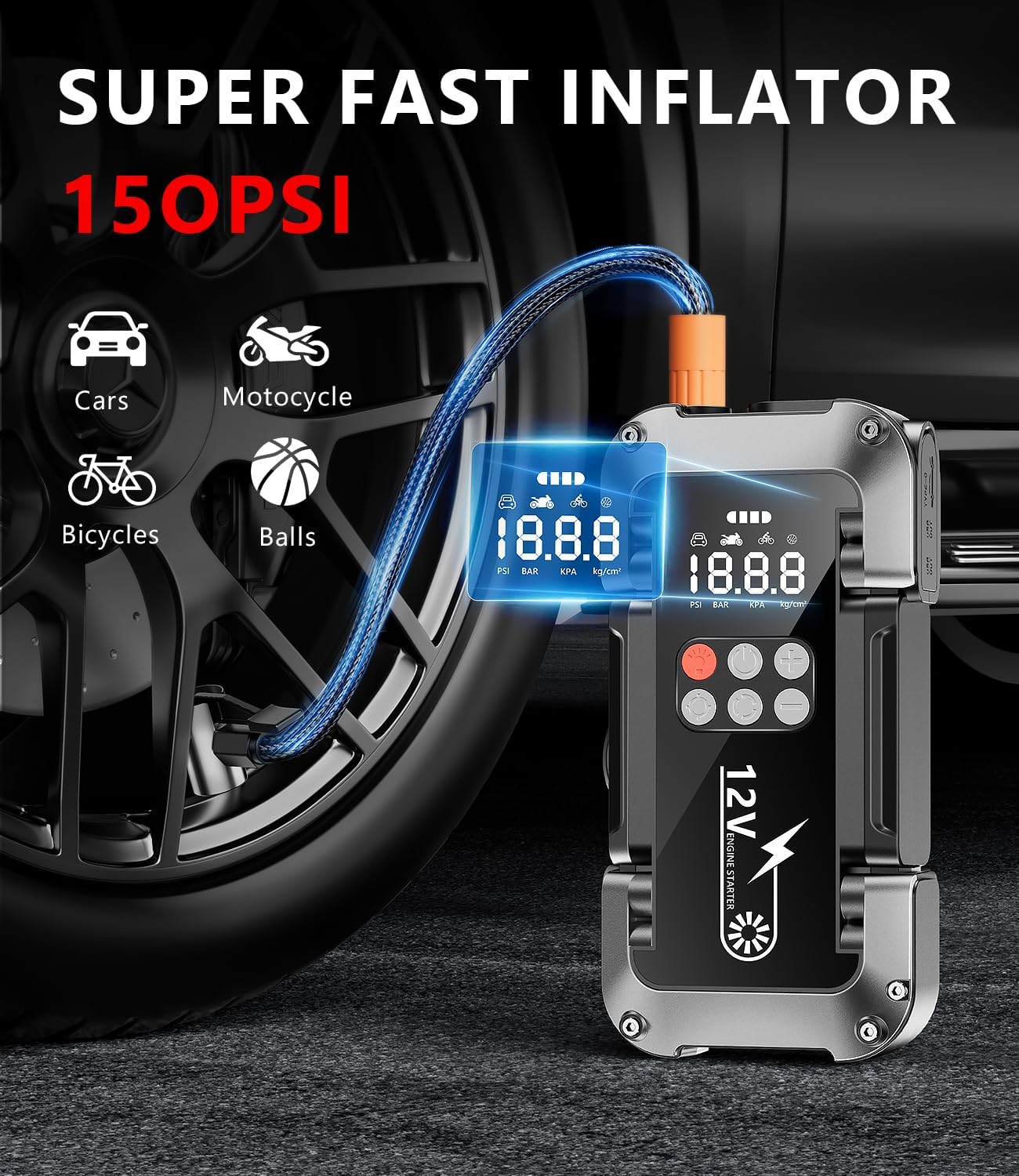 Car Jump Starter with Air Compressor, 4000A 12V Portable Jump Starter (All Gas/9L Diesel), Car Battery Jump Box with 150 PSI Tire Inflator, 3 Modes Flashlight, Storage Case, Jumper Cables