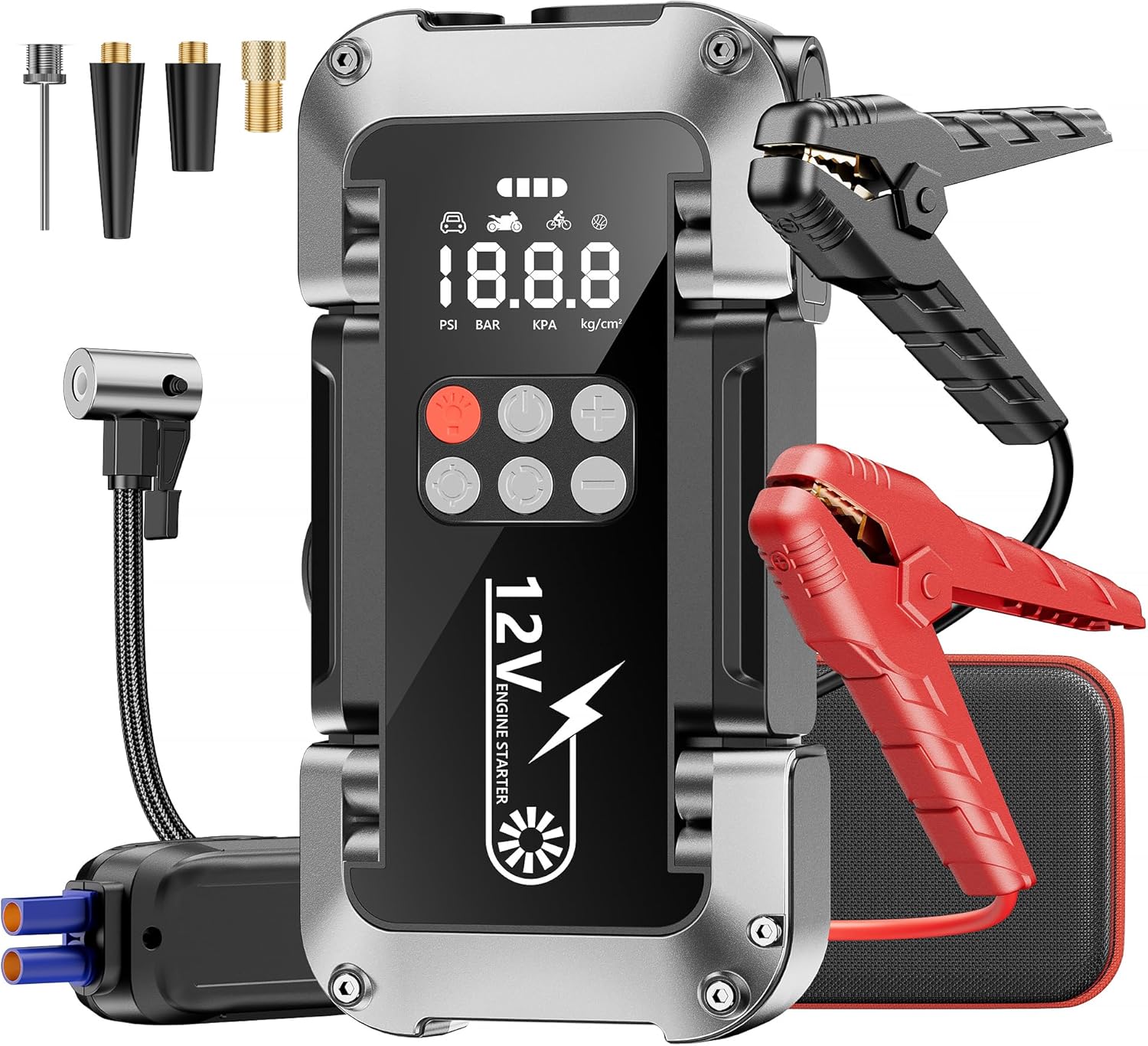 Car Jump Starter with Air Compressor, 4000A 12V Portable Jump Starter (All Gas/9L Diesel), Car Battery Jump Box with 150 PSI Tire Inflator, 3 Modes Flashlight, Storage Case, Jumper Cables