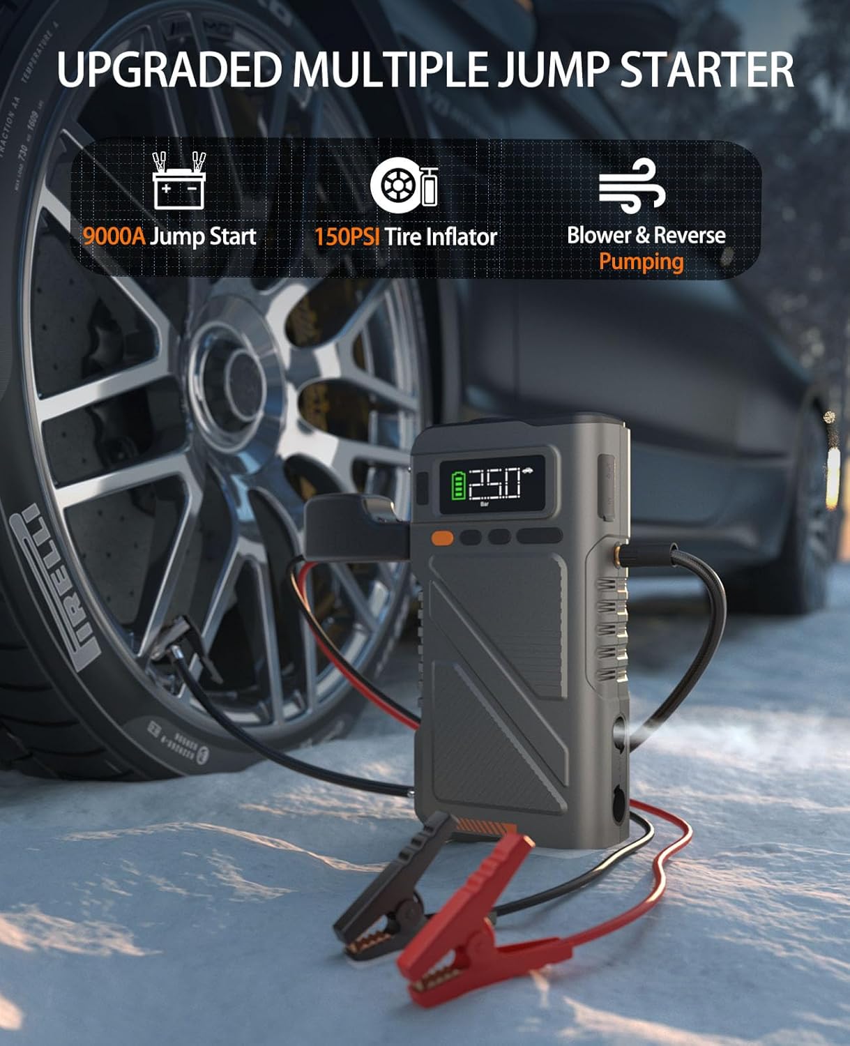 Car Jump Starter with Air Compressor 9000A, 9 in 1 Jumper Box for Car Portable 12V Jump Pack(All Gas/16L Diesel) Combo 150 PSI Tire Inflator  Air Inflator/Deflator Pump w/Extended Jump Cable