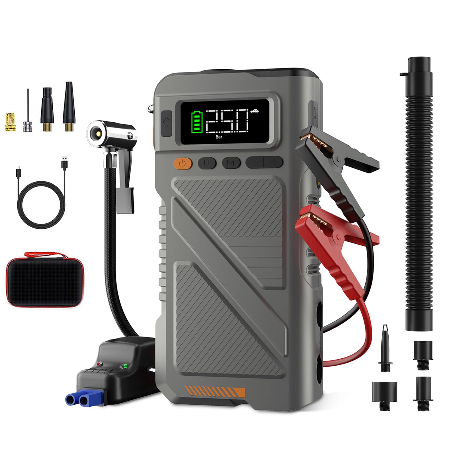 Car Jump Starter with Air Compressor 9000A, 9 in 1 Jumper Box for Car Portable 12V Jump Pack(All Gas/16L Diesel) Combo 150 PSI Tire Inflator  Air Inflator/Deflator Pump w/Extended Jump Cable