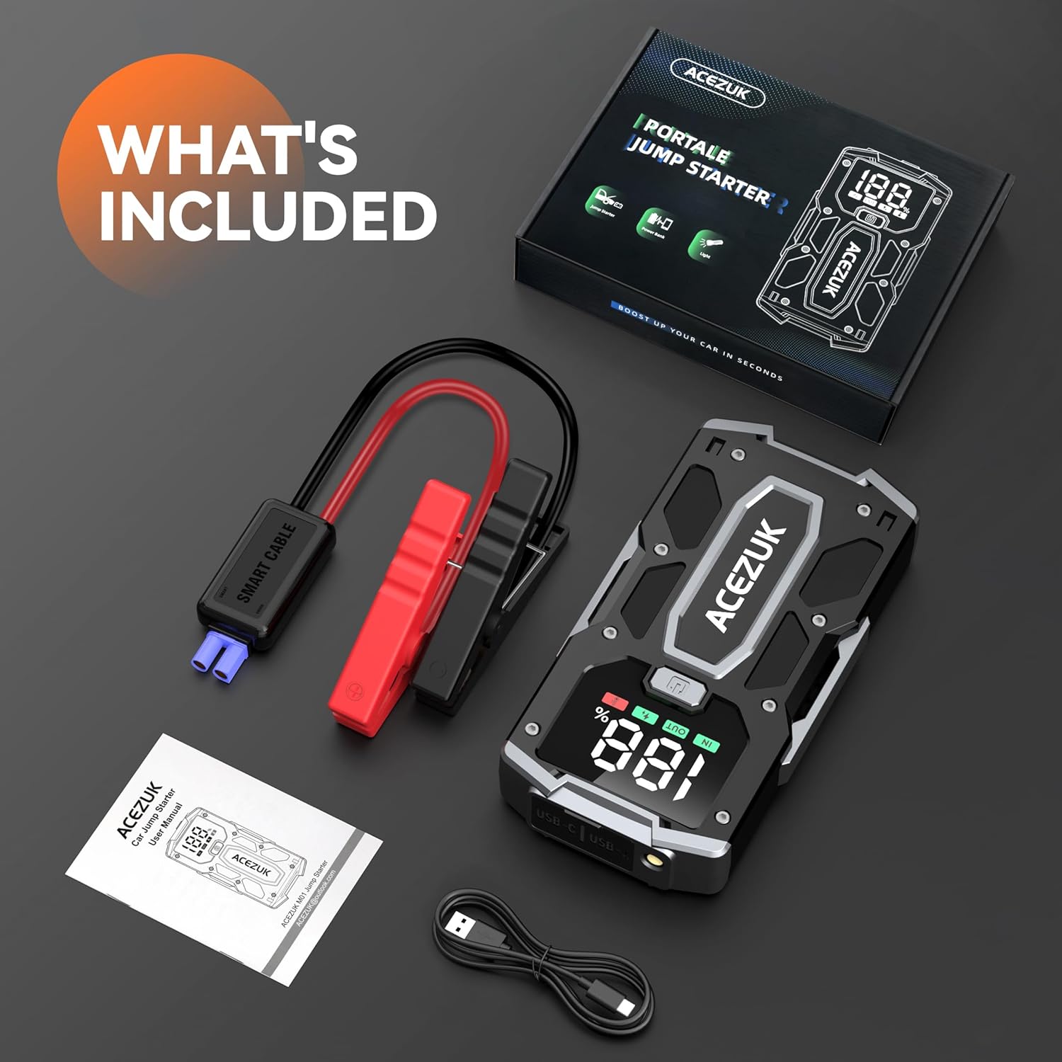 Car Jump Starter,12V 8-in-1 Jump Starter Battery Pack 3000A, Up to 7.0L Gas  5.5L Diesel Engines Quick Charge 3.0 Power Bank Jumper Cable with LED,Large Screen