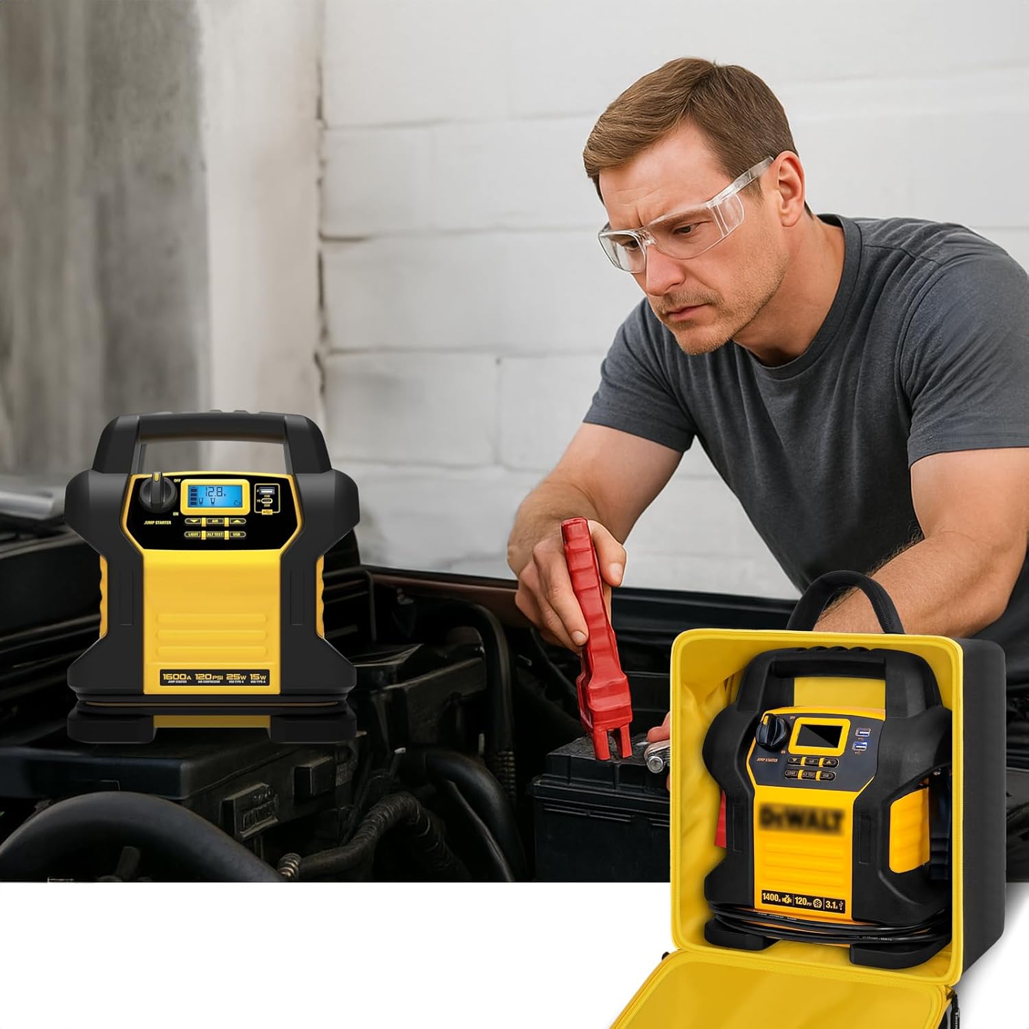 Car Jumper Starter Storage Bag Compatible with DEWALT DXAEJ14 Digital Portable Power Station Air Compressor, Carrying Case Holder Container (Black with Yellow Zipper Case Only)
