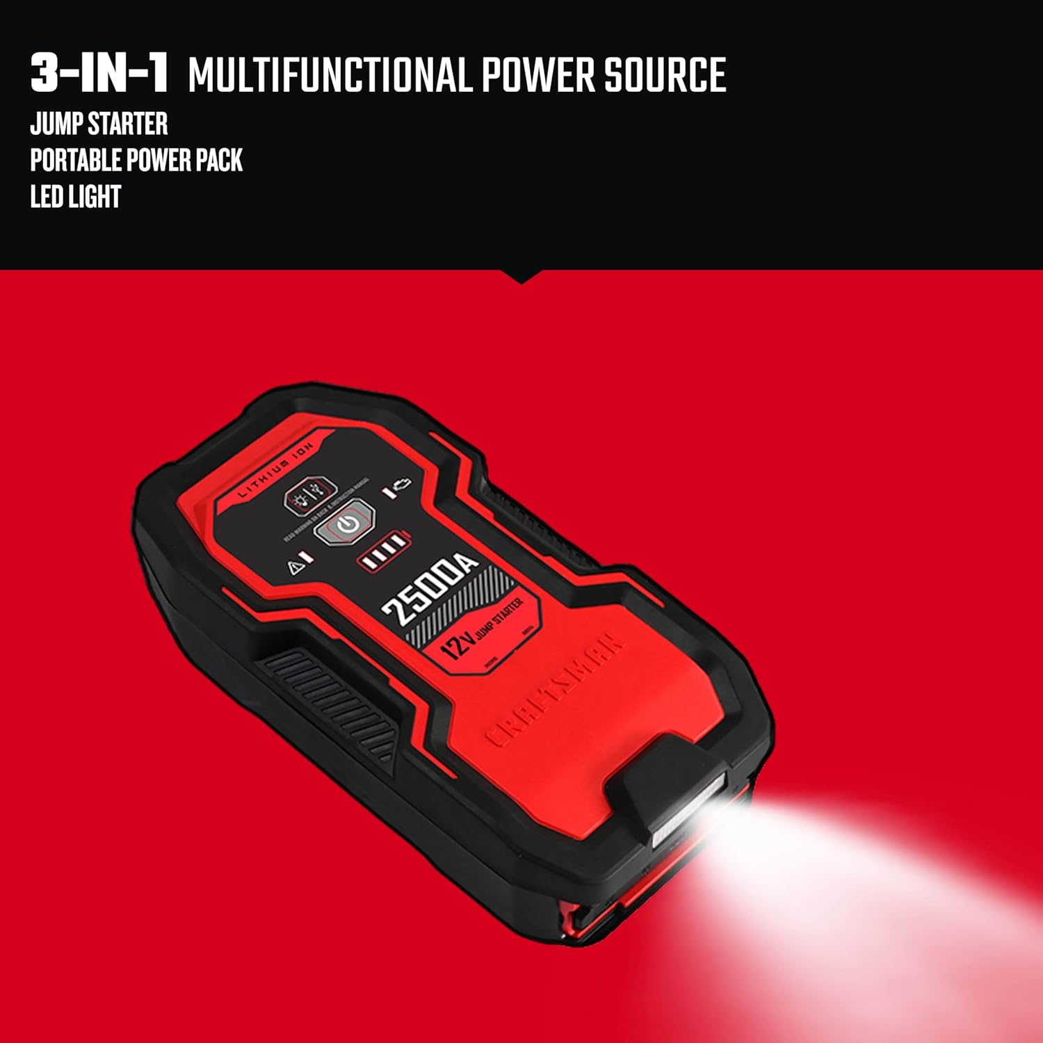 CRAFTSMAN Lithium Jump Starter and Portable Power Pack, CMXCESM264, 3-in-1, 2.4 Amp USB Port, LED Light, 1500 Amps, 12 Volt, for Motorcycle, Car, SUV, Truck, and Marine Batteries