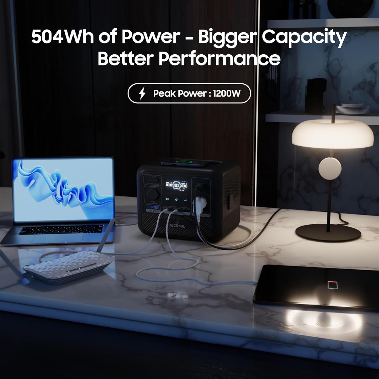 DECOMIL LFP700 Portable Power Station, 504Wh LiFePO4 Battery, 700W AC Output (1200W Peak), Wireless Charging, 0–80% in 50 Min, Solar Generator for Camping, Emergency, Home Backup (Solar Optional)