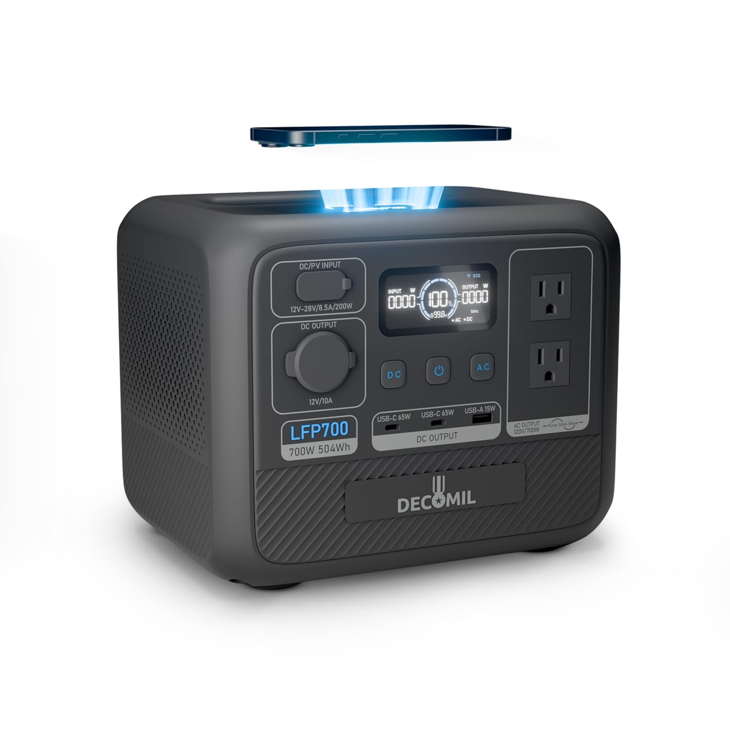 DECOMIL LFP700 Portable Power Station, 504Wh LiFePO4 Battery, 700W AC Output (1200W Peak), Wireless Charging, 0–80% in 50 Min, Solar Generator for Camping, Emergency, Home Backup (Solar Optional)