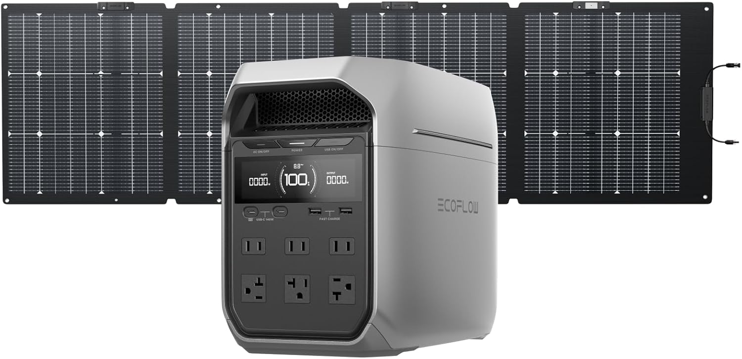EF ECOFLOW Solar Generator DELTA 3 Plus with 220W Bifacial Solar Panel, 1000W Solar Input, LFP(LiFePO4) Battery, Portable Power Station for Home Backup Power, Camping  RVs
