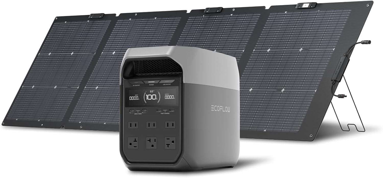 EF ECOFLOW Solar Generator DELTA 3 with 220W Bifacial Solar Panel, 1024Wh Portable Power Station, LFP Battery 1800W AC/100W USB-C Output, Full Charge in 56 Min for Home Backup Power, Camping  RVs