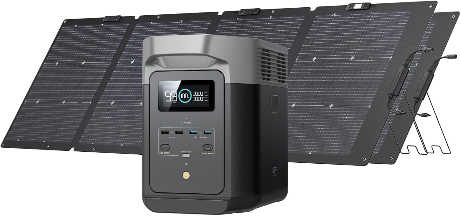 EF ECOFLOW Solar Generators, DELTA 2 Portable Power Station with 2PCS 100W 12V Solar Panels, 1024Wh LFP Battery, Fast Charging, Power Station for Home Backup, CampingRVs