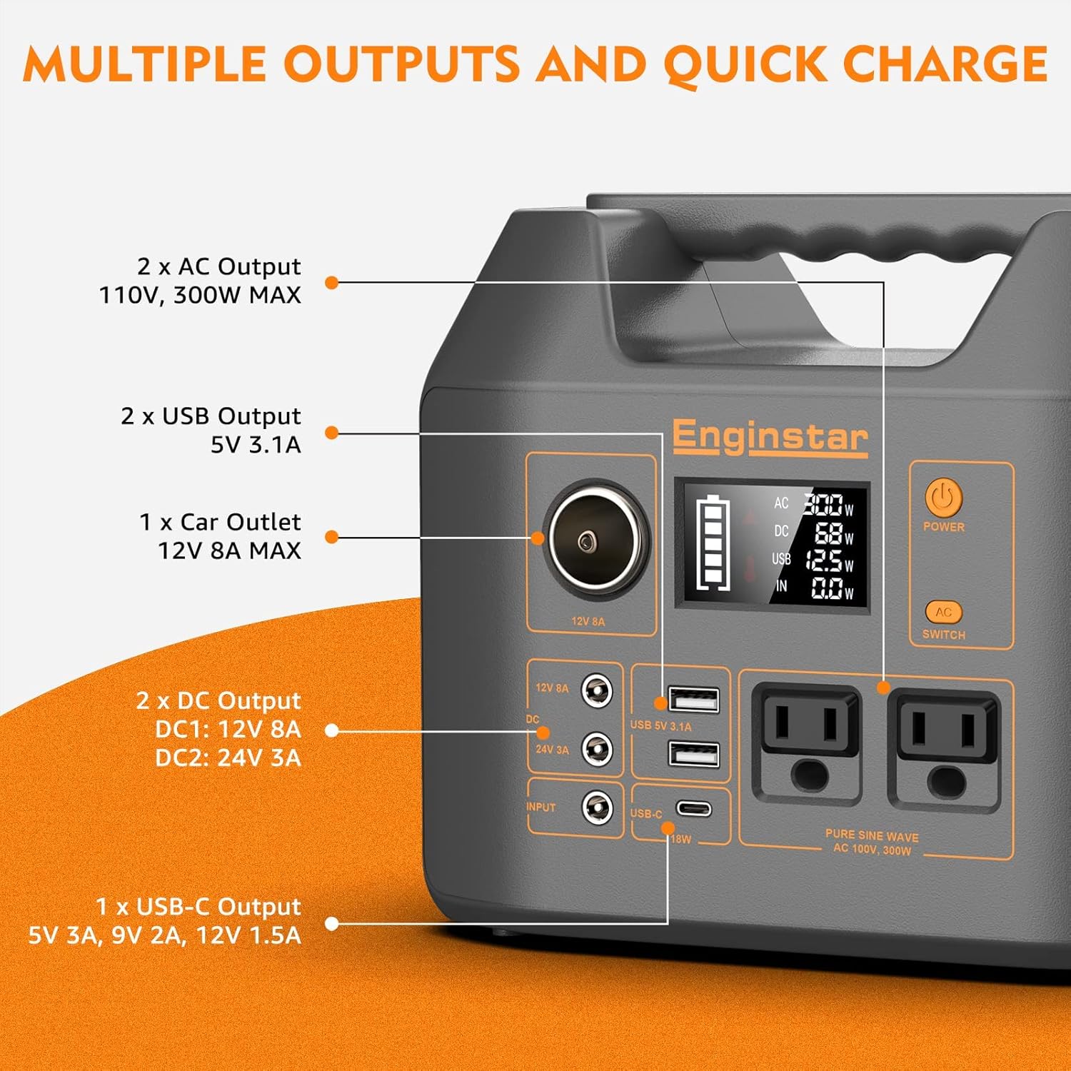 EnginStar Portable Power Station 300W 296Wh Battery Bank with 110V Pure Sine Wave AC Outlet for Outdoors Camping Hunting and Emergency, 80000mAh Backup Battery Power Supply for CPAP