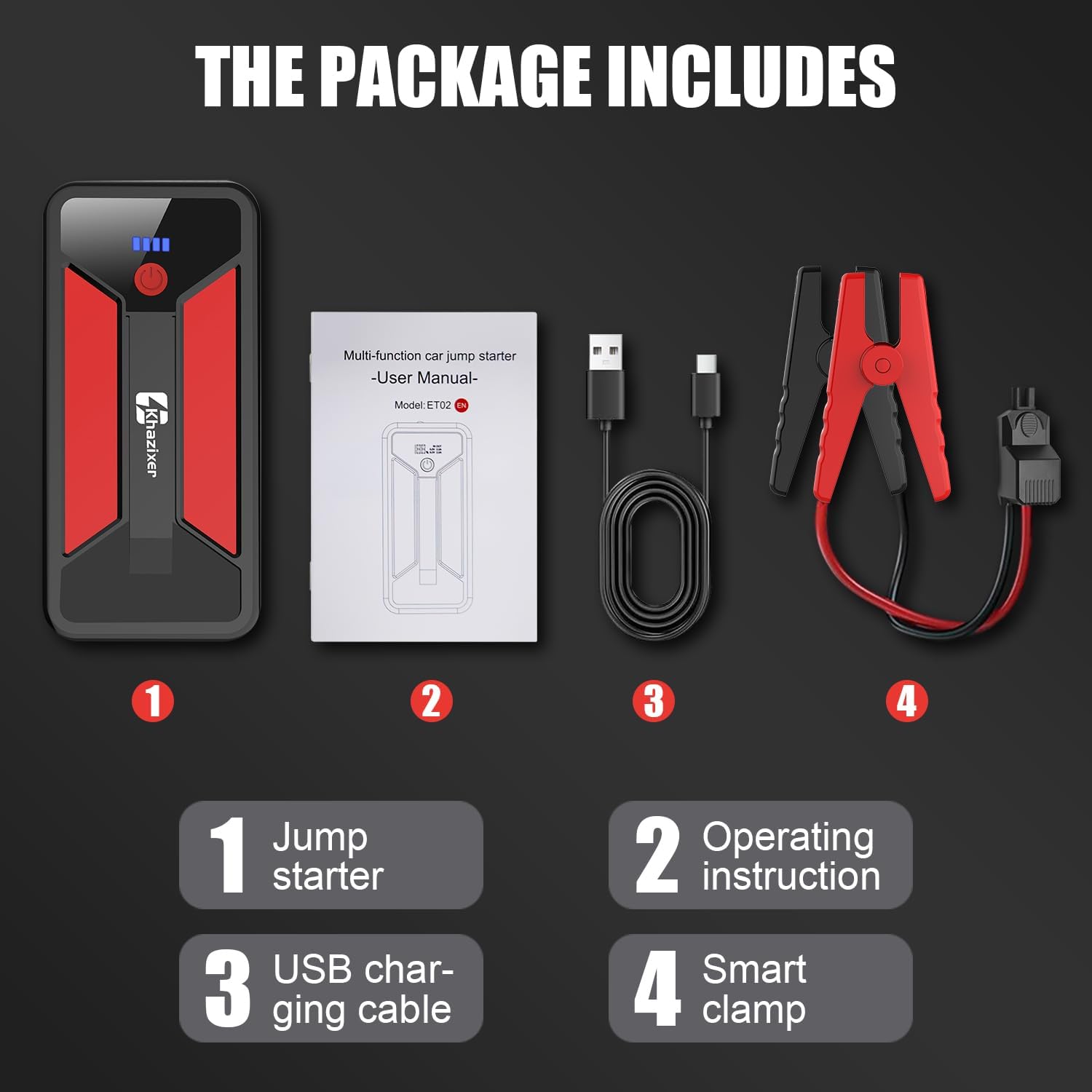 ET02 Car Battery Jump Starter 3000A Peak, 12V Lithium Portable Jumper Starter for up to 9.0L Gas and 7.0L Diesel Engines, 12V Battery Jump Starter with Jumper Cable