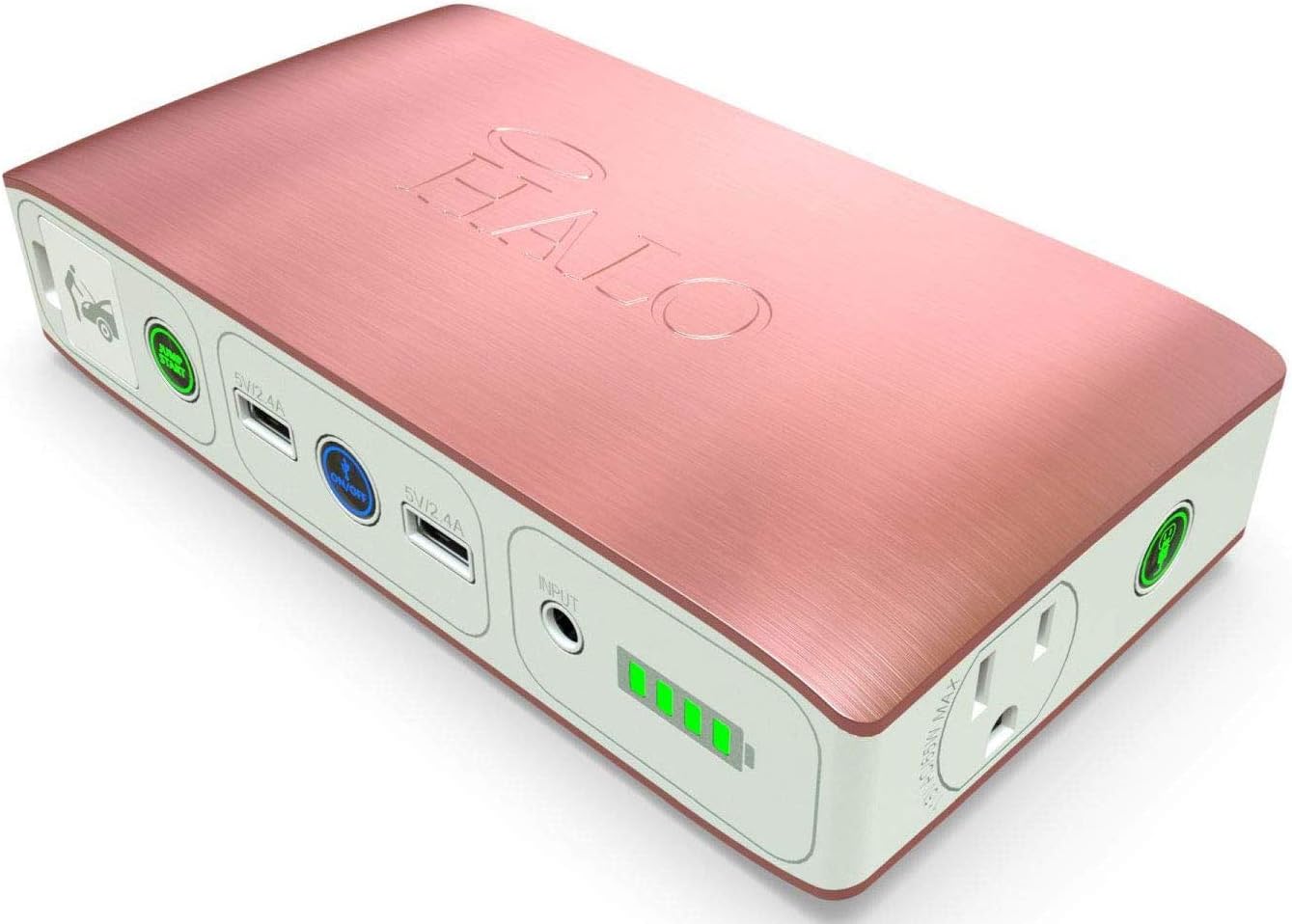 HALO Bolt 58830 ACDC Portable Car Battery Jump Starter | 58.8Wh USB Power Bank with AC Outlet, Emergency Floodlight  Charger, Jump Cars SUVs  Trucks, Power Phones  Laptops, TSA Approved — Rose Gold
