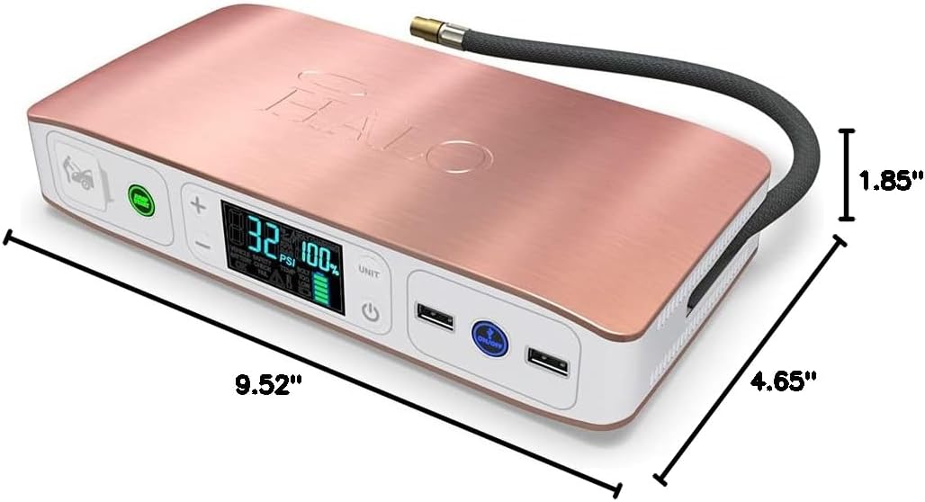 HALO Bolt Air 58830 Portable Car Battery Jump Starter | 100 PSI Air Compressor, 58.8Wh USB Power Bank, Emergency Floodlight  Charger, Jumps Cars SUVs  Trucks, Inflates Tires, TSA Approved — Black