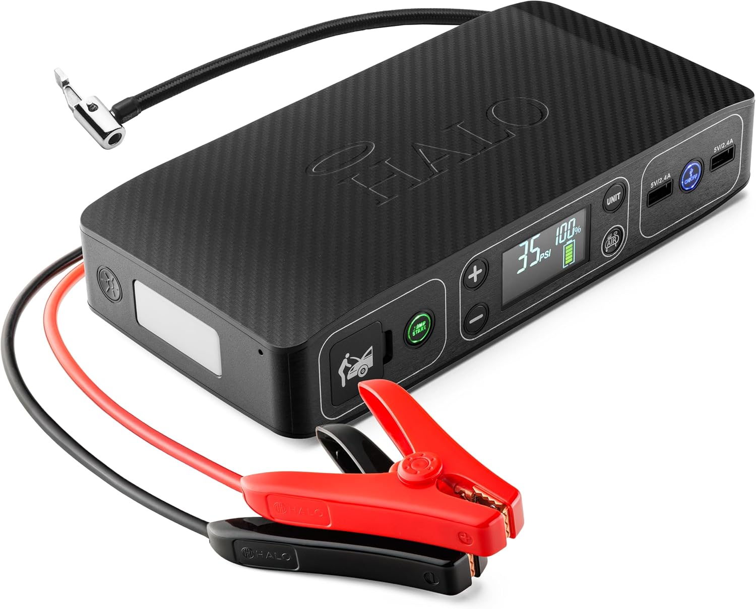 HALO Bolt Air 58830 Portable Car Battery Jump Starter | 100 PSI Air Compressor, 58.8Wh USB Power Bank, Emergency Floodlight  Charger, Jumps Cars SUVs  Trucks, Inflates Tires, TSA Approved — Black