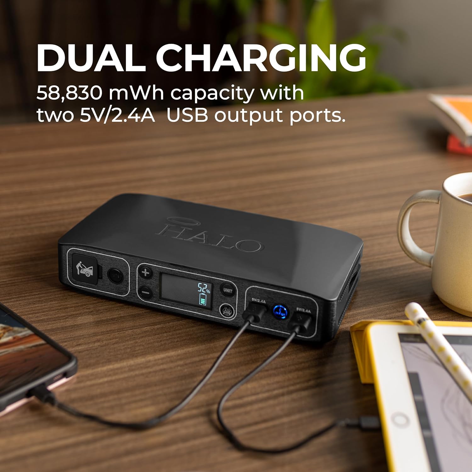 HALO Bolt Air 58830 Portable Car Battery Jump Starter | 100 PSI Air Compressor, 58.8Wh USB Power Bank, Emergency Floodlight  Charger, Jumps Cars SUVs  Trucks, Inflates Tires, TSA Approved — Black