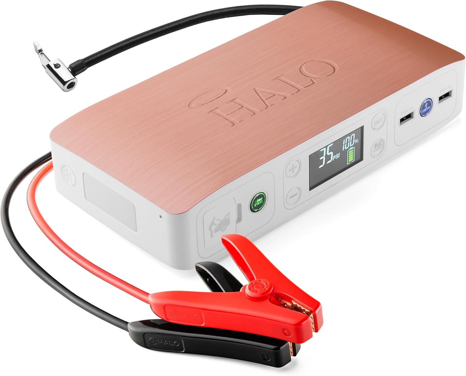 HALO Bolt Air 58830 Portable Car Battery Jump Starter | 100 PSI Air Compressor, 58.8Wh USB Power Bank, Emergency Floodlight  Charger, Jumps Cars SUVs  Trucks, Inflates Tires, TSA Approved — Black
