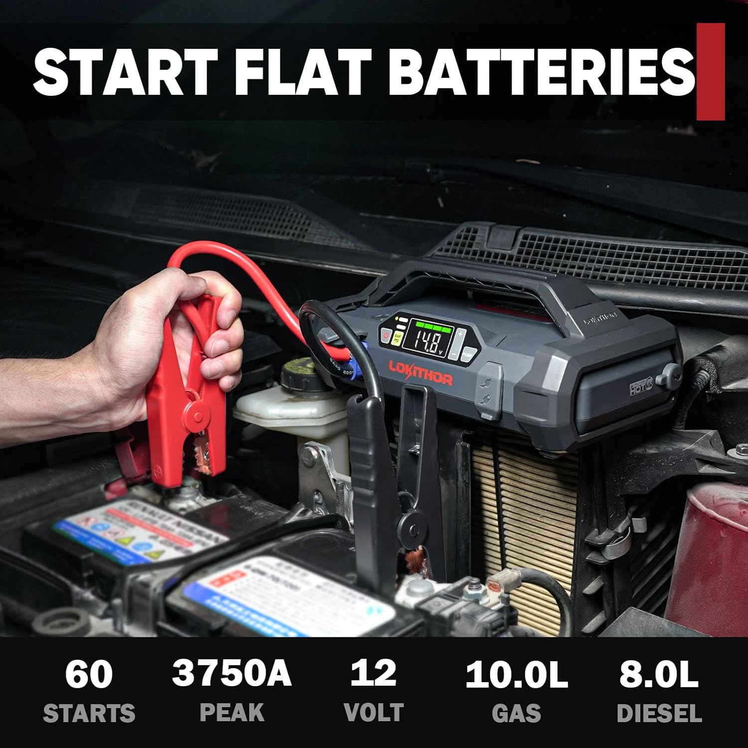 JA Series JA401 Jump Starter with Air Compressor, 3750Amp 12V Portable Car Battery Starter for 10.0L Gas and 8.0L Diesel Engines, 150PSI Digital Tire Inflator with 45 SLPM Airflow Inflates