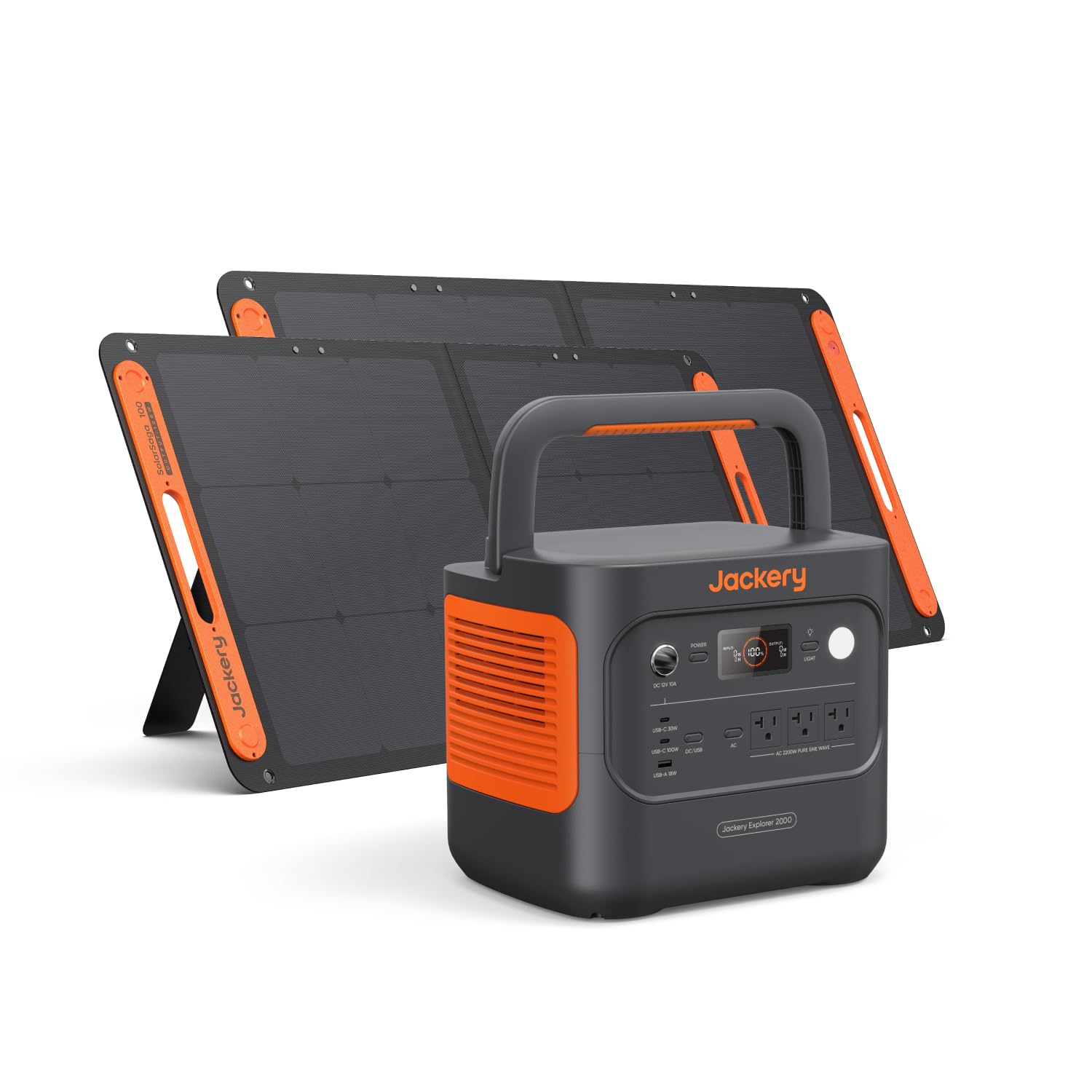Jackery Explorer 2000 v2 Power Station and 2 * 100W Solar Panels, 2042Wh LiFePO4 Home Backup Battery, 2200W Solar Generator, USB-C PD 100W Fast Charging for Emergencies, Power Outages, Camping