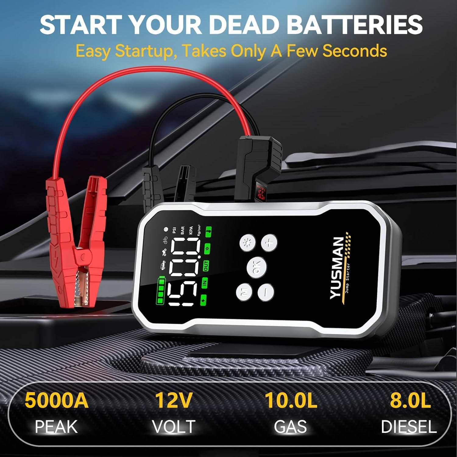 Jump Starter, 6000A Car Jump Starter with Air Compressor, 150PSI Jump Starter Pack (10.0 Gas/7.0L Diesel), 12V Battery Jump Starter with Display, Smart Jumper Cables, 2 LED Light
