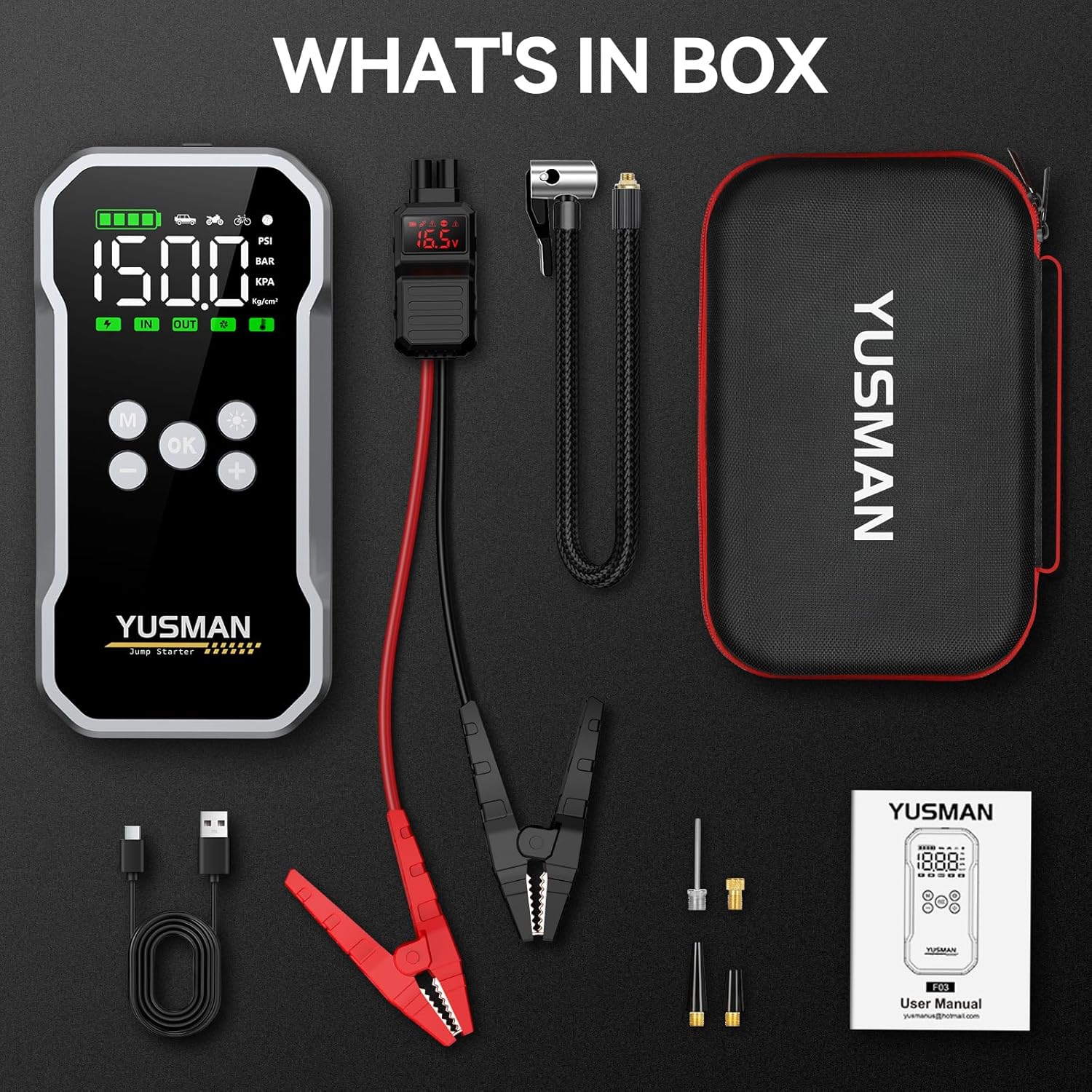 Jump Starter, 6000A Car Jump Starter with Air Compressor, 150PSI Jump Starter Pack (10.0 Gas/7.0L Diesel), 12V Battery Jump Starter with Display, Smart Jumper Cables, 2 LED Light